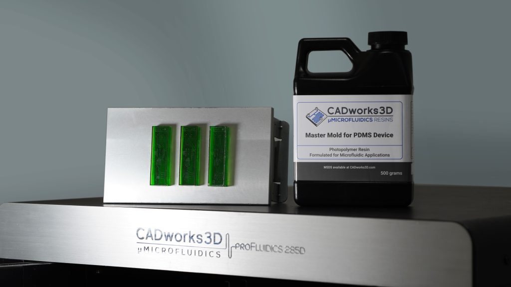 CADworks3D’s ProFluidics 285D 3D Printer and Master Mold for PDMS Device Photopolymer Resin. Photo via CADworks3D.