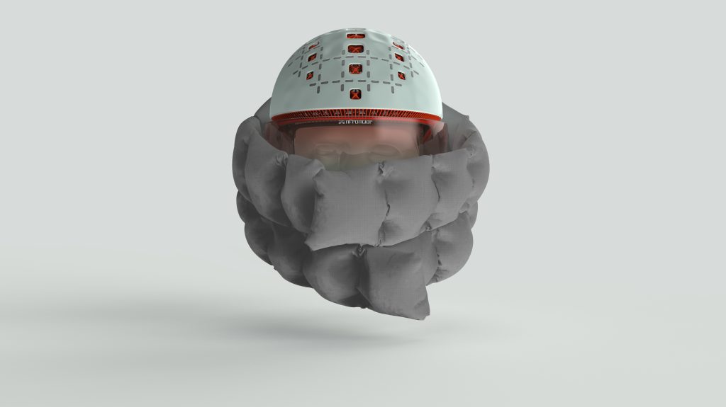 The PYLO helmet with deployed airbag. Image via nFrontier GmbH