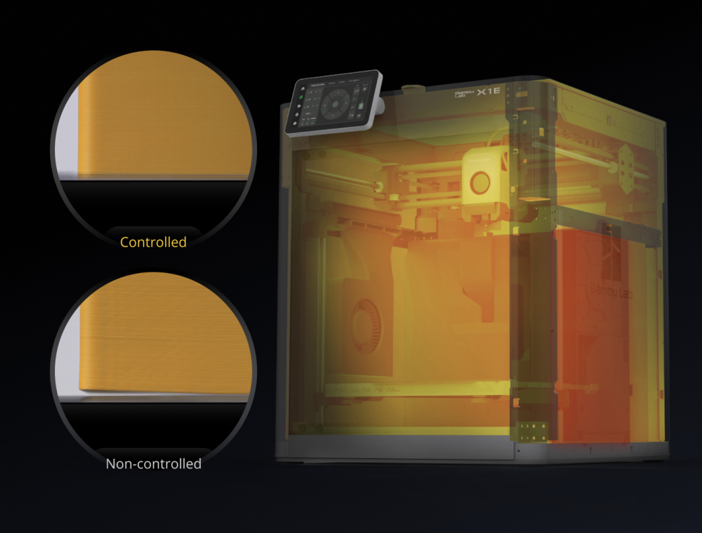 The X1E's actively heated 3D print chamber. Image via Bambu Lab