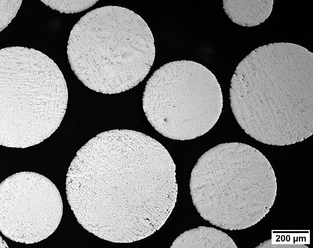Equispheres unique aluminum alloy powder particles magnified to 200μm. Photo via Equispheres.