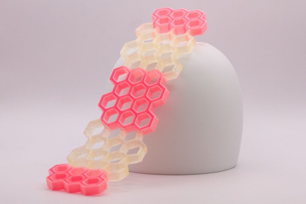 Multi-Material Honeycomb Print Sample. Photo via Quantica.