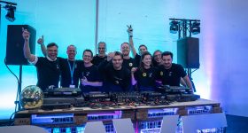 DyeMansion, AM Ventures, HP, BASF AM FORWARD, EOS, Siemens and 3D Printing Industry in the Rave Til AM 2023 DJ Booth at Formnext 2023.