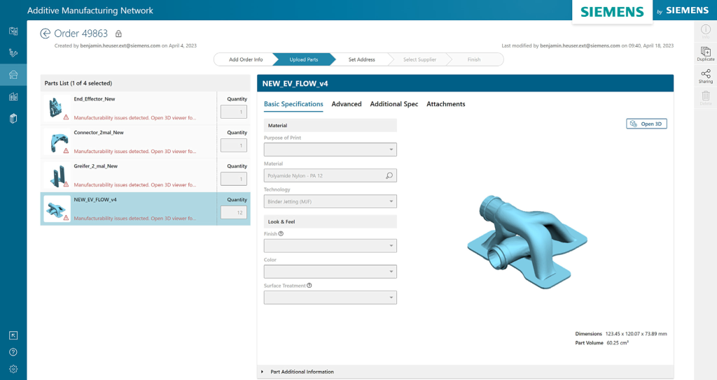 The Siemens’ Additive Manufacturing Network order submission portal. Image via Siemens Digital Industries Software