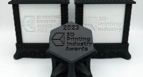 The 2023 3D Printing Industry Awards Trophy designed by RWB Designs. Photo by Michael Petch.
