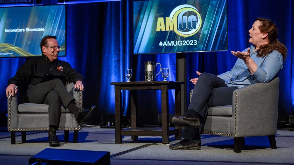 Todd Grimm and Diana Kalisz, VP, Engineering at 3D Systems during the 2023 Innovators Showcase fireside chat. Photo via AMUG
