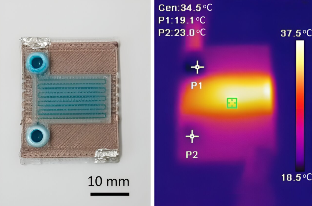 MIT researchers developed a fabrication process to produce self-heating microfluidic devices in one step using a multi-material 3D printer. Pictured is an example of one of the devices. Photo via Massachusetts Institute of Technology.