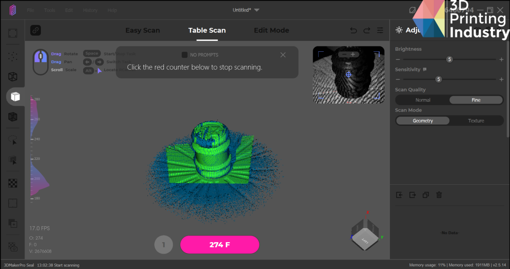 The JMStudio user interface overview and 3D scanning screen. Images by 3D Printing Industry