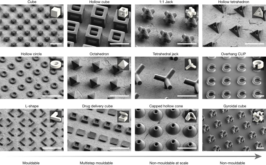 Different particle shapes 3D printed using the new process from the Stanford University researchers. Image via Nature.