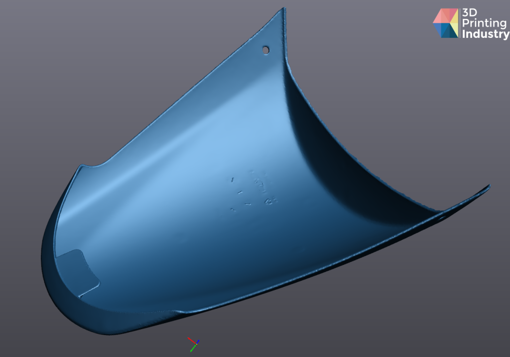Motorbike seat panel scan results and scanned object. Images and photo by 3D Printing Industry.
