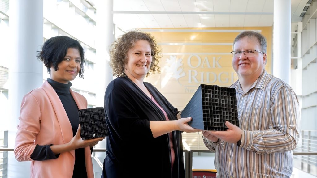 The team that developed the 3D printed collimator included, from left, Fahima Islam, Bianca Haberl and Garrett Granroth. Photo via Genevieve Martin/ORNL, U.S. Dept. of Energy.