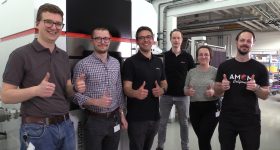 The MTC team visiting AMCM Starnberg to receive comprehensive practical training on the machine before it is delivered. From left to right: Chris Dalton, Alex Hardaker, Marius Christ, Christoph Seyfert, Fiona Schulz, Marius Hoyer. Photo via MTC.