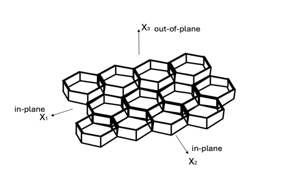 Schematic representation of honeycomb the in-plane (X1 and X2) and out-of-plane (X3) loading directions. Image via Dr Solomon Obadimu.