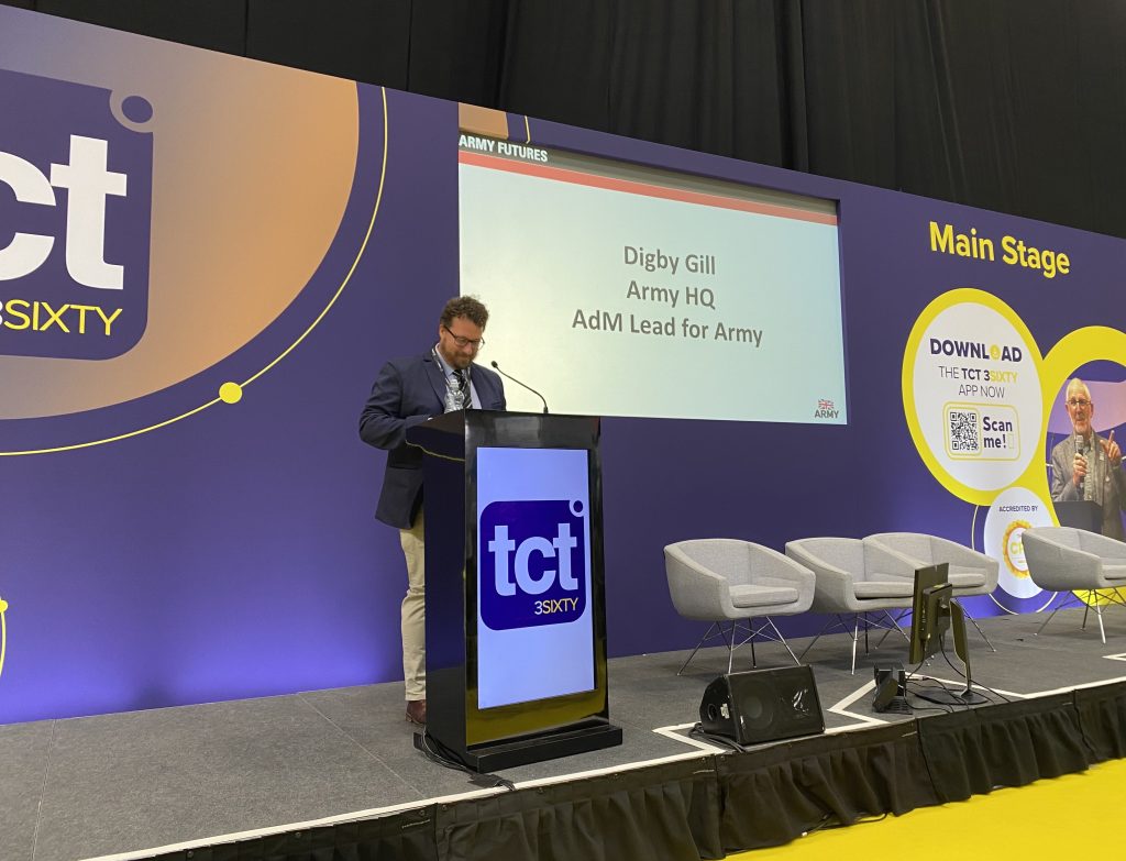 Digby Gill presenting at TCT 3Sixty 2024. Photo by 3D Printing Industry.