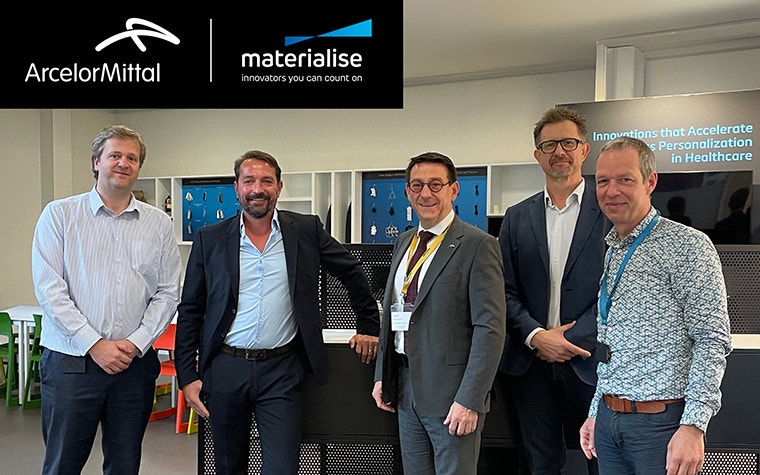 From left to right: Karel Brans, Senior Director Partnerships, Materialise Software; Aubin Defer, CMO, ArcelorMittal Powders; Colin Hautz, CEO, ArcelorMittal Powders; Udo Eberlein, Vice President, Materialise Software; Bart Van der Schueren, CTO, Materialise. Photo via Materialise.