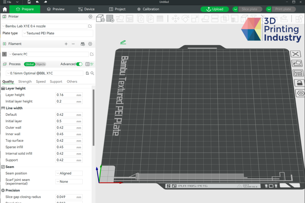 Bambu Studio slicer software view. Image by 3D Printing Industry.