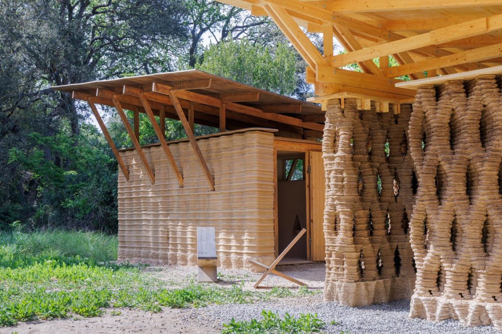 The 3D printed structures in the IAAC's 3D Printed Earth Forest Campus. Photo via WASP