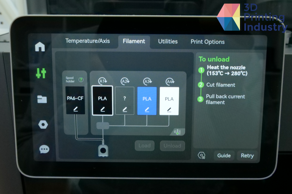 The Bambu Lab X1E’s user interface commands. Photos by 3D Printing Industry.