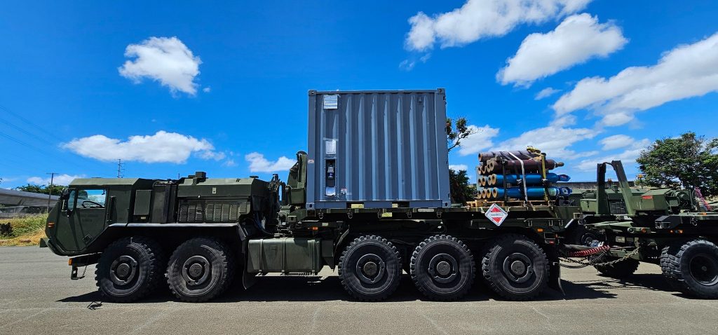 The SAMM Tech container being transported for loading onto the USS Somerset at RIMPAC 2024. Photo via Snowbird Technologies.