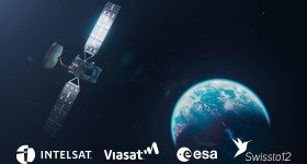 Featured image shows the HummingSat in orbit, developed by Intelsat, Viasat+Inmarsat, ESA, and SWISSto12 using advanced 3D printing. Photo via SWISSto12.