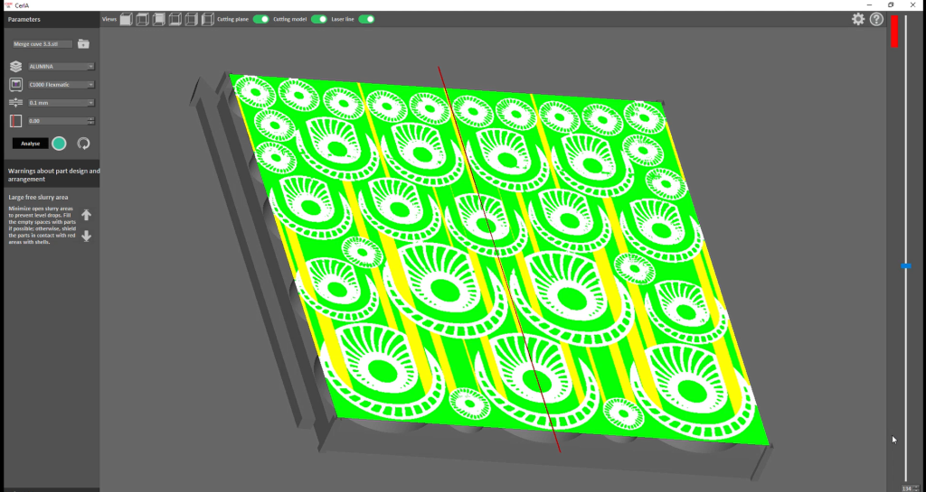 CERIA’s color-coded visualization optimizes part placement and detects slurry issues in 3D printing. Image via 3DCeram.