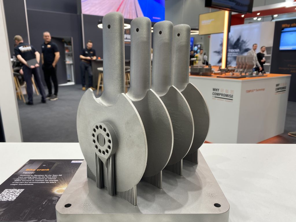 Renishaw's 3D printed racing bike cranks at Formnext 2024. Photo by 3D Printing Industry