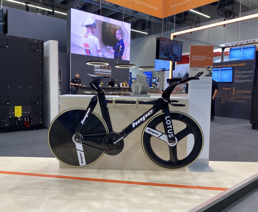 Team GB 2024 Olympics track bike at the Renishaw Booth during Formnext 2024. Photo by 3D Printing Industry.