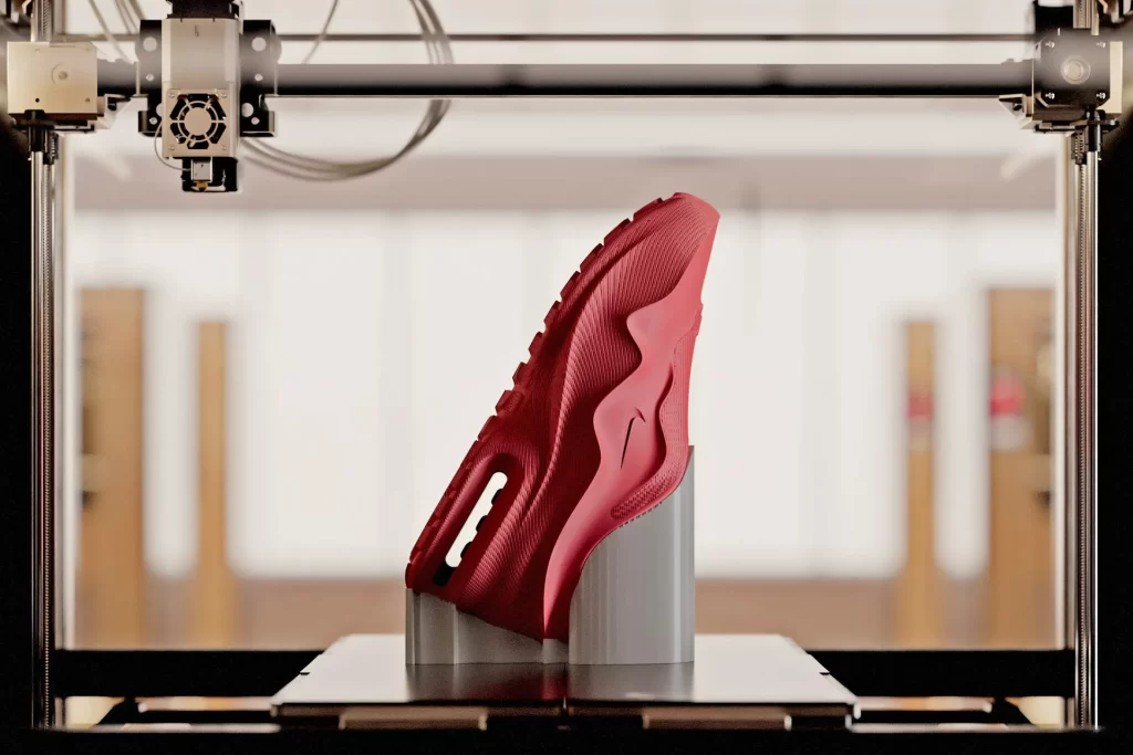 A side view of the 3D-printed Nike Air Max 1000 highlights its intricate detailing and flexible structure. Photo via Nike.