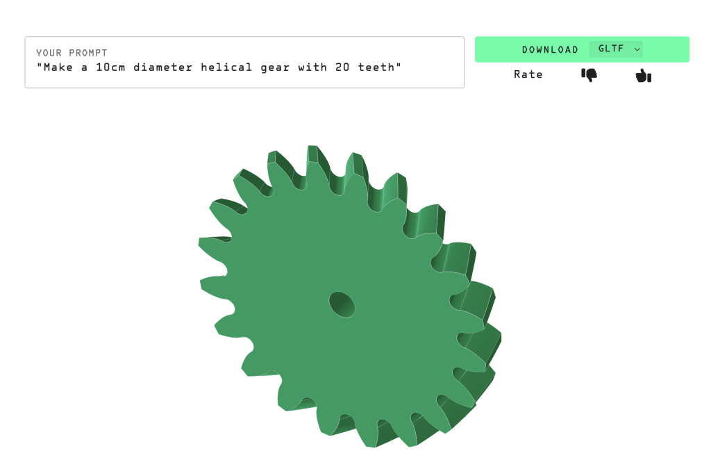 A helical gear CAD model generated using Zoo's text-to-CAD tool. Image by 3D Printing Industry.