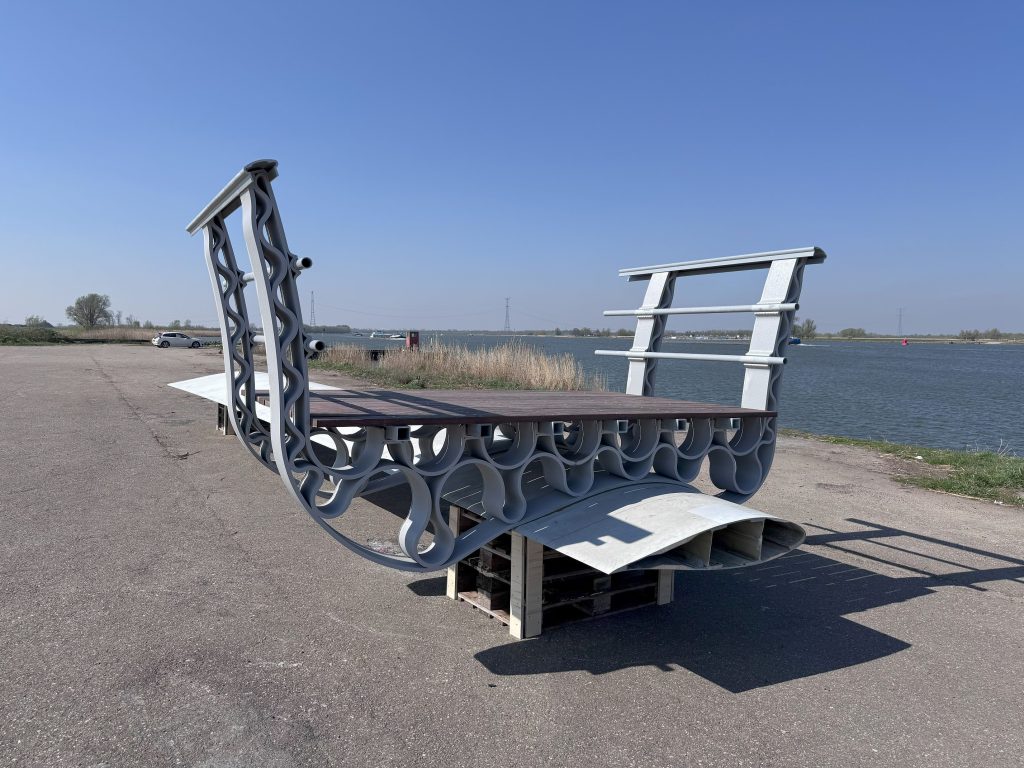 3D printed blade bridge in Almere reuses LM38.8 wind turbine. Photo via Poly Products.