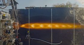 The rotating detonation rocket engine (RDRE) undergoing a full-thrust ground test. Photo via Venus Aerospace.