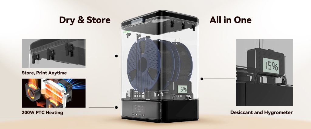 Dry and store filaments with built-in heating and humidity control. Image via Sunlu.