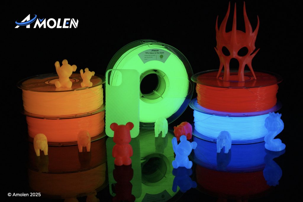 Amolen’s new Glow-in-the-Dark TPU filament emits visible light after UV exposure. Photo via Amolen.