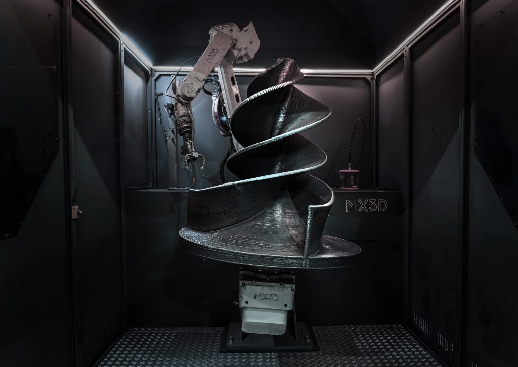 MX3D’s WAAM robotic arm printing a large-scale metal component. Photo via MX3D.