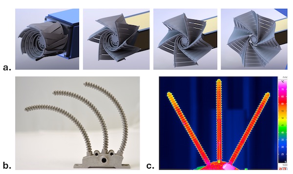 un. Concept pour le radiateur de mémoire de forme de forme additive (SMA) avec des branches de calotage radiales déploieurs à partir de forme compacte rangé.; né Prototype Demonlateur SMA avec des bras de chaleur de souffleurs de souffle très conformes.; c. Image thermique du soufflet de soufflerie de ramification SMA, montrant un fonctionnement presque isotherme. Image via PSU.