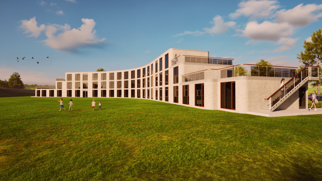 The three-story residential complex. Photo via Horizon Legacy.