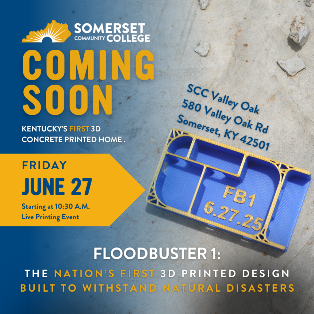 Promotional graphic for Floodbuster 1 unveiling at Somerset Community College on June 27, 2025. Image via Progress Appalachia.
