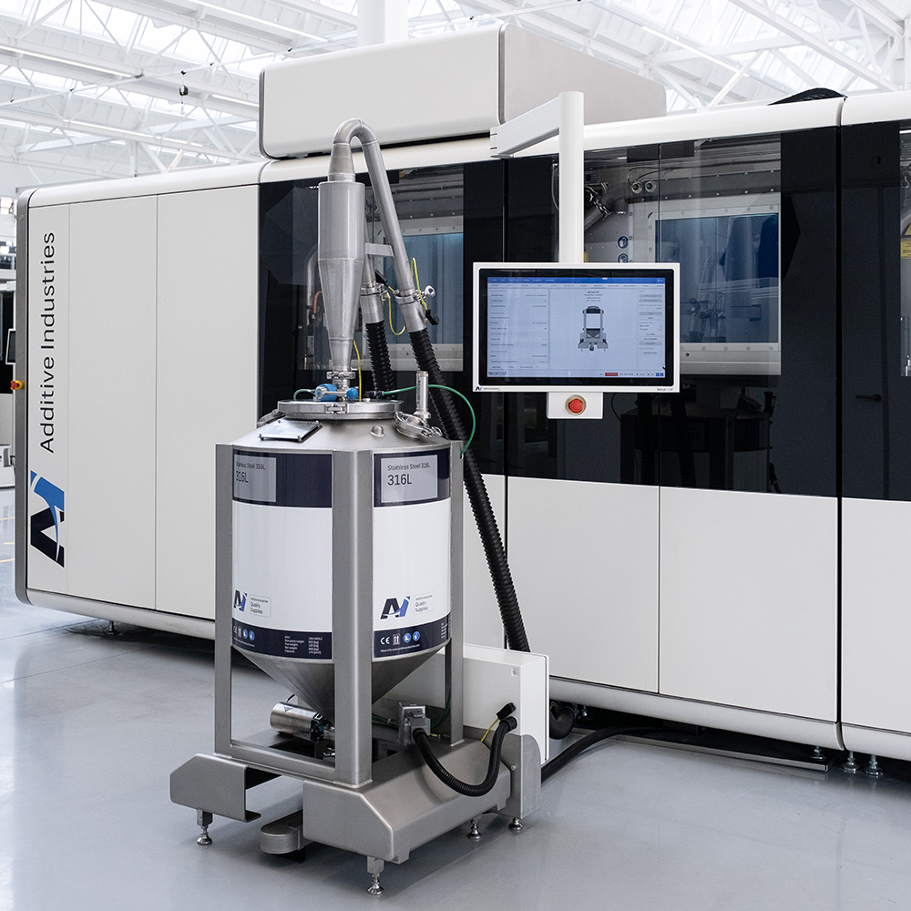 The PLT system interfaces directly with Additive Industries’ MetalFab platform, allowing for automated, contamination-free powder loading. Photo via Additive Industries.