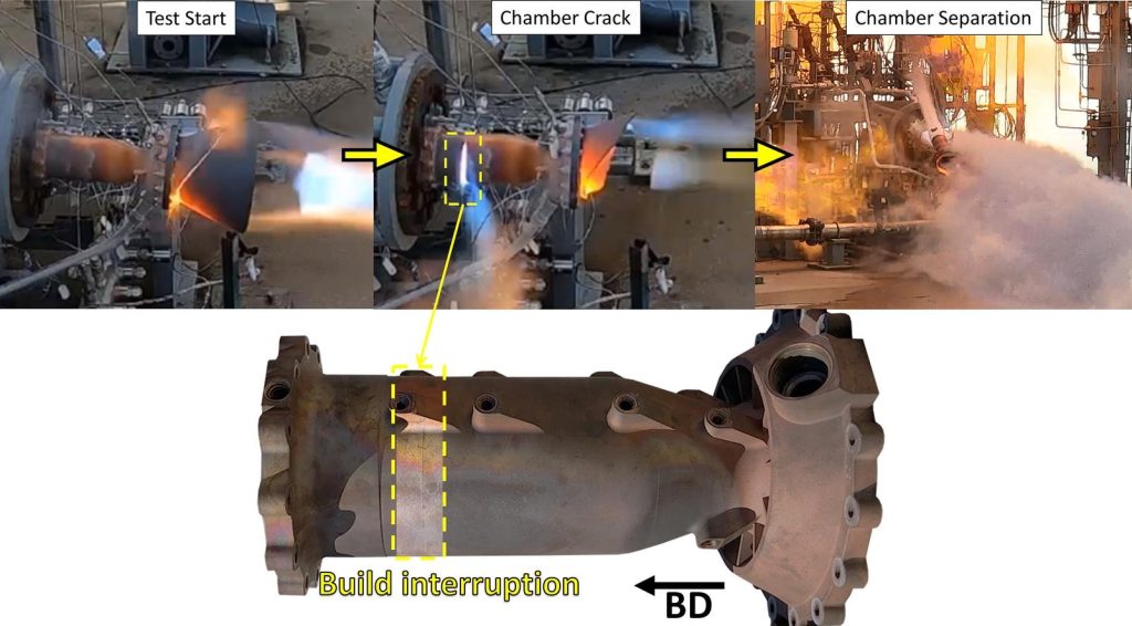 Series illustrating how the thrust chamber assembly (TCA) failed during testing. Photo via ScienceDirect.