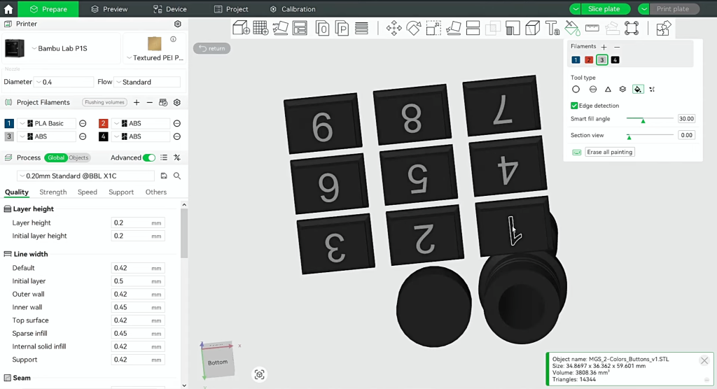 The Bambu Lab P1S printer slicing software interface, preparing the 3D printed codec buttons and other small parts. Image via 3DSage.