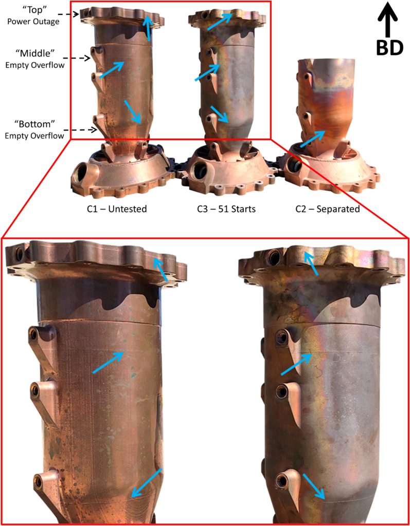 GRCop-42 chambers depicting witness lines (indicated by blue arrows). The three LLAMA chambers side-by-side with the reason for the interruption and a zoomed in view to better visualize the witness lines. Image via ScienceDirect.