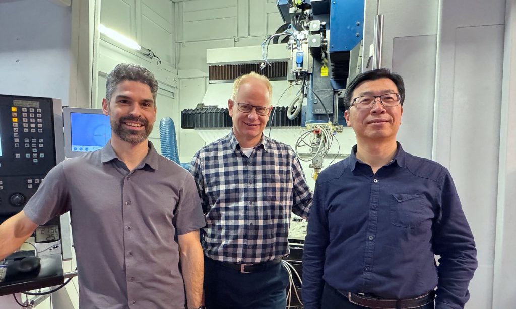 From L-R, Ryan Brooke, Professor Mark Easton and Dr Dong Qiu at RMIT’s Centre for Additive Manufacturing. Photo via Michael Quin, RMIT University.