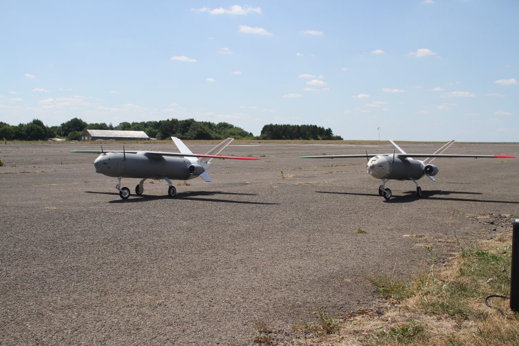 Two SkyShark drones equipped with Argive’s A300 gas microturbines during testing. Photo via Argive.