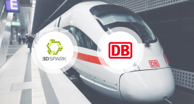 A Deutsche Bahn high-speed train alongside logos of 3D Spark and DB. Image via DB.