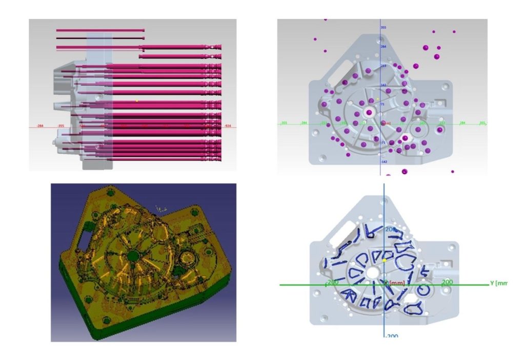 Design dos canais de resfriamento: em vez de resfriamento convencional de pinos (em cima), a nova forma contém uma rede complexa de canais de resfriamento conforme (inferior). Imagem via Instituto Fraunhofer de Tecnologia a Laser.