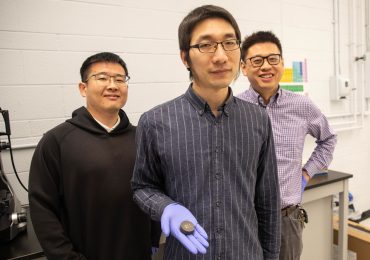 Left to right: Postdoctoral fellow Huicong Chen, Research associate Chenwei Shao and Professor Yu Zou (MSE) demonstrate samples of their new metal matrix composite. The material is light, strong and resilient under high temperatures. Photo via Tyler Irving / University of Toronto.