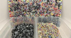 Recycled PLA fragments from 3D printing waste prepared for reuse in CU Boulder’s ITLP recycling program. Photo via CU Boulder.