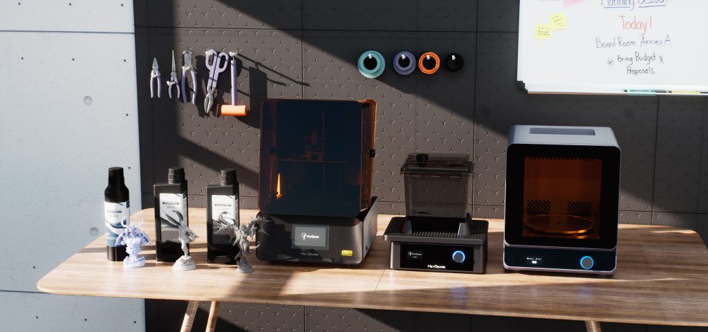 Configuração do espaço de trabalho mostrando o RS Turbo com frascos de resina, acessórios e equipamentos de pós-processamento. Foto via HeyGears.