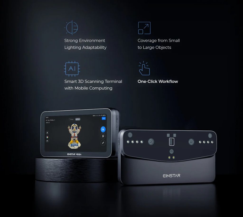EINSTAR VEGA all-in-one 3D scanner designed for portable, computer-free scanning of small to large objects. Image via SHINING 3D.