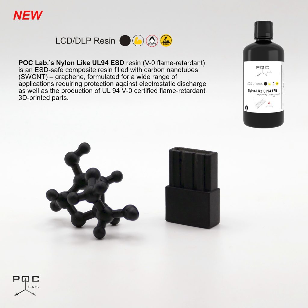 Nylon-Like UL94 V-0 ESD resin and printed parts. Image via POC Lab.