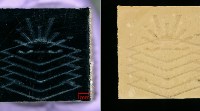 The KU Leuven AM Institute logo reproduced entirely through in-process 3D local microstructural control, in the as-built state, shown under two optical contrast settings. Image via KU Leuven.